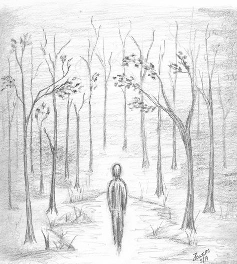 Inspired by Derk Hess. #alone #dark #lost #woods #forest #pencil #surreal #abstract #art #sketch #solitude #serine #quite Lost Person Drawing, Lost In The Woods Drawing, Lost Sketch Ideas, Easy Forrest Drawing, Lost Sketch Drawings, Cemetery Drawing Easy, Person In Forest Drawing, Dark Woods Drawing, Drawings Of Forest