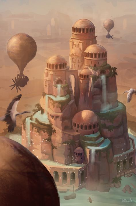 ArtStation - Citadel Oasis - Architecture concept Oasis City Concept Art, Desert Oasis Fantasy Art, Desert Oasis Concept Art, Fantasy Oasis City, Fantasy Desert Oasis, Desert Planet Concept Art, Desert Palace Concept Art, Desert Architecture Concept, Citadel Concept Art