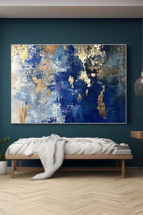 Original textured abstract painting with deep blue, gold, and grey tones, featuring bold brushstrokes and metallic accents Blue And Gold Abstract Art, Blue And Gold Wall Art, Gold Abstract Art, Gold Wall Art, Gold Wall, Textured Wall Art, Living Room Grey, Textured Wall, Gold Texture