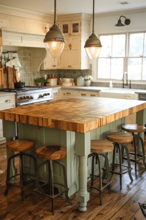 Family Kitchen Island, Harvest Table Kitchen Island, Rustic Kitchen Island With Sink, Wooden Kitchen Islands, Deep Kitchen Island, Rustic Island Kitchen, Drapers Table, Kitchen Islands Ideas With Seating, Luxury Kitchen Island