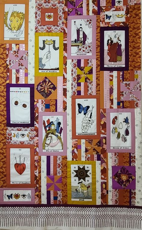 Sashed fabric rectangles featuring sewing tarot card motifs are surrpunded by strip sets, square in a square and pinwheels. Tarot Quilt, Wife Style, Quilted Wall Hanging, Sewing Things, Contemporary Quilts, Andover Fabrics, Wall Quilts, Project Inspiration, Panel Quilts