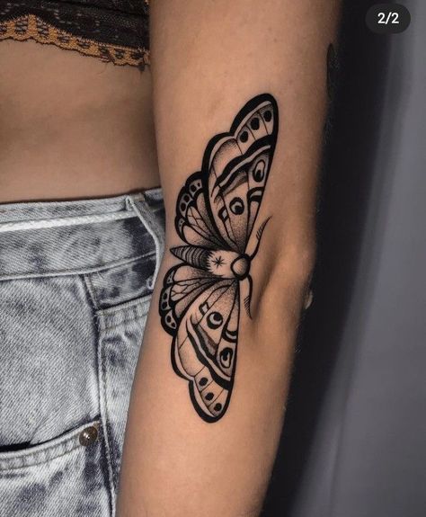 Butterfly Tattoo On Sleeve, Moth Tattoo Design Arm, Moth To Butterfly Tattoo, Moth Tattoo Elbow Bend, Moth In Elbow Tattoo, Moth Tattoo Feminine, Traditional Style Moth Tattoo, Retro Butterfly Tattoo, Bird Elbow Tattoo