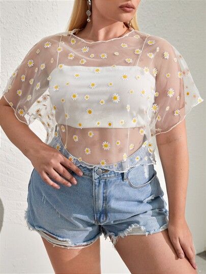 Floral Mesh Top Outfit, White Mesh Top Outfit, Tops Transparentes, Mesh Top Outfit, Haut Transparent, White Mesh Top, White Sheer Top, Sheer Mesh Top, Without Bra