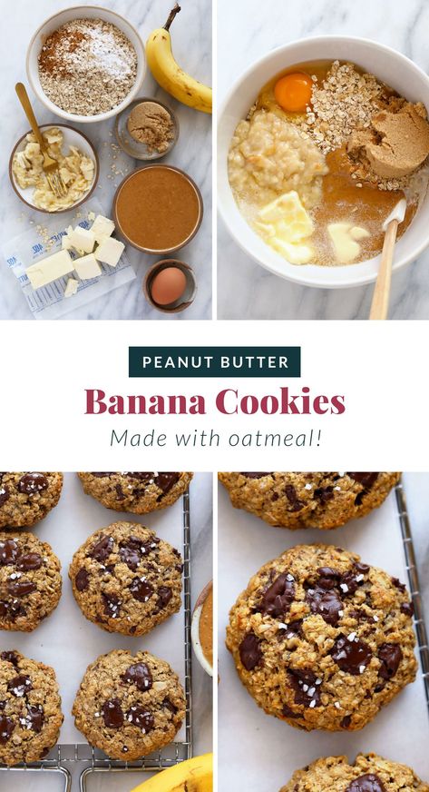 Chewy, delicious Peanut Butter Banana Cookies made with oatmeal and dark chocolate chunks. These peanut butter banana oatmeal cookies are seriously the perfect cookie. Peanut Butter Banana Oatmeal Cookies, Peanut Butter Banana Oatmeal, Peanut Butter Banana Cookies, Oatmeal Dessert, The Perfect Cookie, Eating Well Recipes, Banana Oatmeal Cookies, Peanut Butter Oatmeal Cookies, Banana Cookies