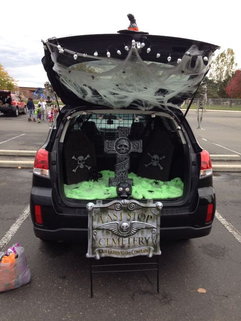 Trunk or Treat - Graveyard, Cemetery Cemetery Trunk Or Treat Ideas, Trunk Or Treat Cemetery, Cemetery Trunk Or Treat, Trunk Or Treat Graveyard, Graveyard Trunk Or Treat, Trunk Or Treat Halloween, Halloween Car Decorations, Cemetery Ideas, Trunk Or Treat Ideas