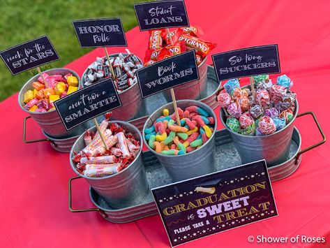 Grad Party Candy, Candy Buffet Graduation Party, Graduation Candy Buffet, Graduation Candy Bar, High School Graduation Party Decorations, Candy Bar Sign, Graduation Open Houses, Graduation Candy, Grad Ideas