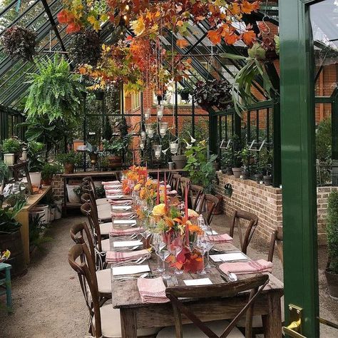 Greenhouse Dinner, Greenhouse Dining Room, Winter Garden Party, Dinner Fall, Winter Greenhouse, Autumn Dining, Dinner Party Table, Outdoor Dining Spaces, Fall Entertaining