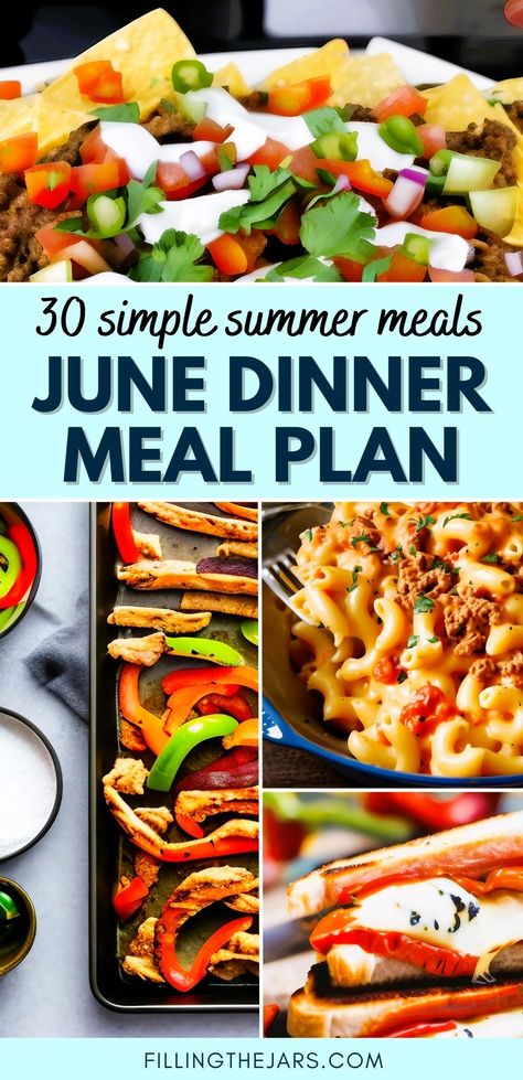 Text 30 simple summer meals June dinner meal plan on light turquoise banner over multiple finished dinner images. Monthly Menu Ideas, Monthly Dinner Menu Ideas, Simple Summer Dinners, Dinner Meal Plan, Monthly Meal Plan, Monthly Menu, Meal Planning Menus, Monthly Meal Planning, Summer Meal Planning