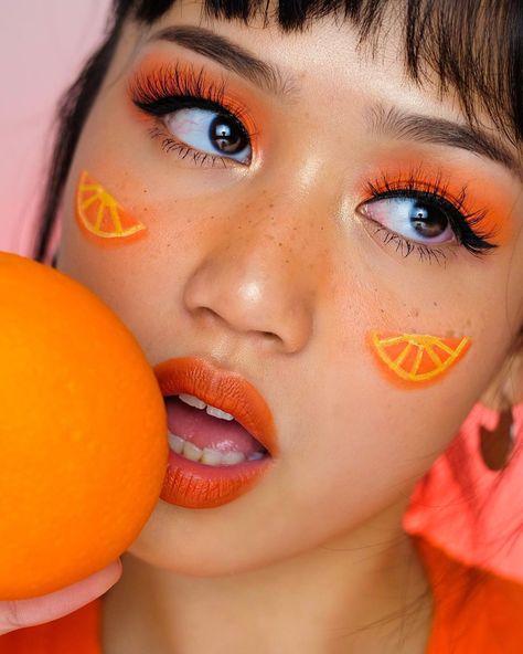 Orange Fruit Makeup, Fruit Face Painting, Fruit Face Paint, Orange Fruit Costume, Fruit Inspired Makeup, Vtuber Commission, Fruit Outfits, Fruit Makeup, Fruit Costumes