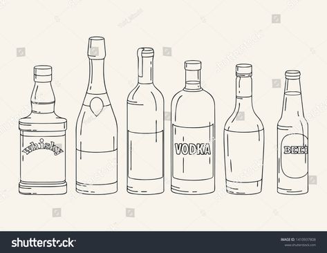 Hand drawn set of different alcohol bottles. Illustration of bottles. Line art bottles. Vector. #Ad , #Sponsored, #set#alcohol#Hand#drawn Vodka Bottle Tattoo, Painting Of Alcohol Bottles, Alcohol Bottles Drawing, Alcohol Bottle Illustration, Alcohol Art Bottle, Alcohol Drawing Bottle, How To Draw A Bottle, Vodka Bottle Drawing, Alcohol Bottle Tattoo