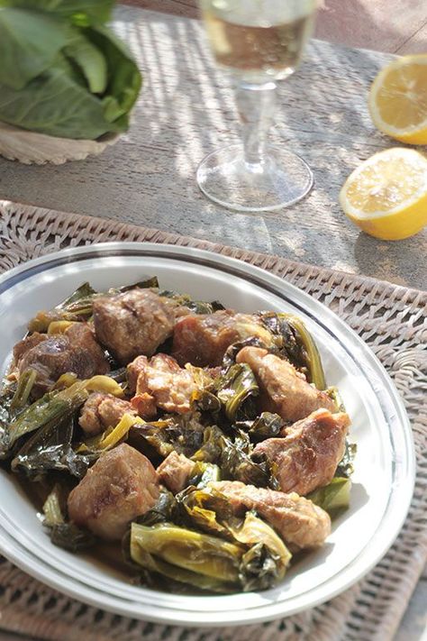 Ikaria Lemony Pork Braised with Collards or Bok Choy | Greek Food - Greek Cooking - Greek Recipes by Diane Kochilas Book Choy, Pork Braised, Diane Kochilas, Blue Zones Recipes, Longevity Recipes, Wild Herbs, Crockpot Casserole, Greek Blue, Pork Stew