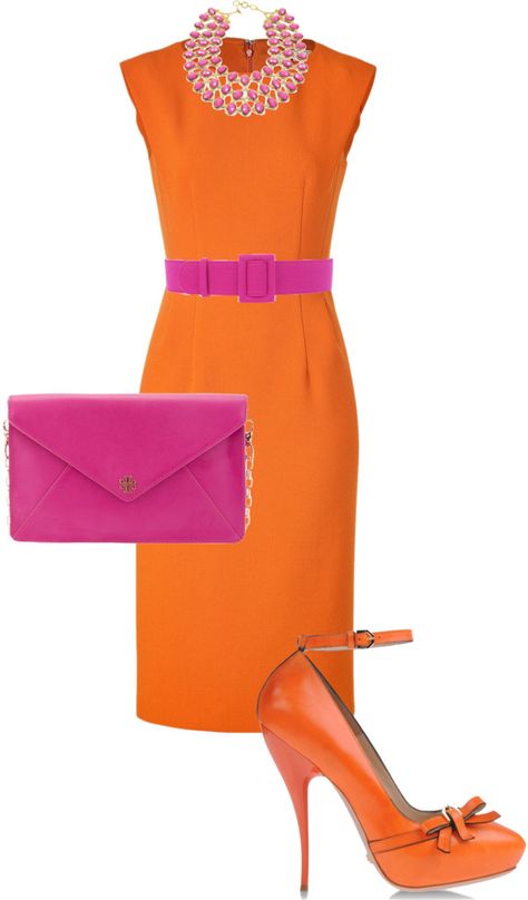 "Pink and Orange" by twinkle0088 ❤ liked on Polyvore Orange Dress Accessories Color Combos, Yellow Dress Outfit, Colors Dress, Orange Outfit, Orange And Pink, Orange Fashion, Business Dresses, Orange Dress, Fashion Pictures