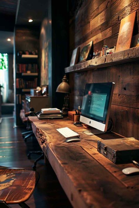 Interior Design Industrial Style Desk Office, Engineering Home Office, Rustic Chic Office, Gentleman's Office, Podcast Office, Tech Home Office, Office Technology, Moody Office, Industrial Home Offices