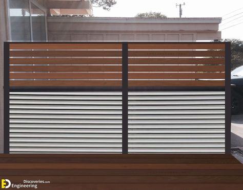 35 Most Attractive Corrugated Metal Fence Ideas For Your Home | Engineering Discoveries Metal Fence Ideas, Corrugated Metal Fence, Diy Backyard Fence, Home Engineering, Metal Fence Panels, Privacy Fence Designs, Galvanized Sheet, Fencing Material, Steel Fence