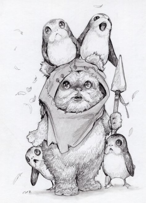 Star Wars Tattoo Chewbacca, Star Wars Drawings Pencil, Star Wars Sketches Pencil, C3po Drawing, Starwars Art Drawing, Ewok Drawing, Ewok Art, Porgs Star Wars, Starwars Drawings