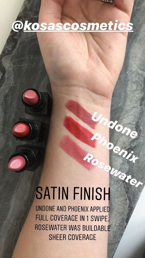 Swatches of the Weightless Lip Color lipsticks from clean beauty brand Kosas Cosmetics. Top to bottom: Undone, Phoenix, Rosewater. #Kosas #kosascosmetics #beautyundone #weightlesslipcolor #lipstick #phoenix #swatch #swatches #beauty #makeup #rosewater #undone #bbloggersca #beautyblogger #lipstickswatch Kosas Cosmetics, Dress Mood Board, Natural Skin Products, My Christmas Wish List, Lip Color Lipstick, Eco Beauty, 2020 Year, Clean Beauty Products, Bite Beauty