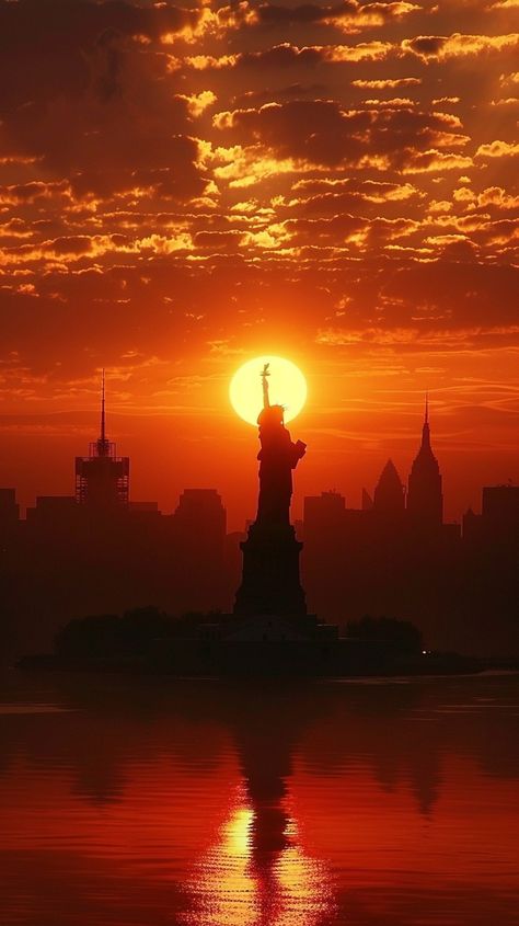 Sunrise Liberty Silhouette: The Statue of Liberty stands majestically against a breathtaking sunrise over New York City's skyline. #sunrise #silhouette #statue #liberty #new york #aiart #aiphoto #stockcake ⬇️ Download and 📝 Prompt 👉 https://ayr.app/l/XJKP New York Sunrise, Nyc Sunrise, Sunrise Silhouette, Nyc Autumn, Statue Liberty, Sunrise Images, Sunrise City, Liberty Statue, Sunrise Wallpaper