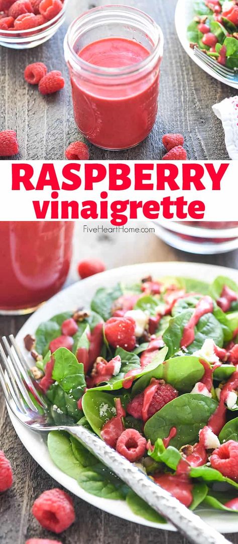 Raspberry Vinaigrette ~ a silky-smooth, sweet and tangy homemade dressing that's easy to make and delicious over a variety of salads! | FiveHeartHome.com Healthy Homemade Salad Dressing Recipes, Raspberry Vinaigrette Recipe, Raspberry Vinaigrette Dressing, Raspberry Vinaigrette Salad, Raspberry Salad, Homemade Salad Dressing Healthy, Vinaigrette Dressing Recipe, Raspberry Vinaigrette, Vinaigrette Salad