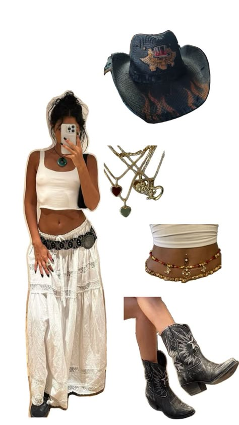 cowboys boots and a white skirt….. need I say more Ranchera Outfits, Cowboys Boots, Boho Summer Outfits, Aesthetic Women, Cowgirl Outfits, Themed Outfits, White Skirt, Cozy Outfit, Say More