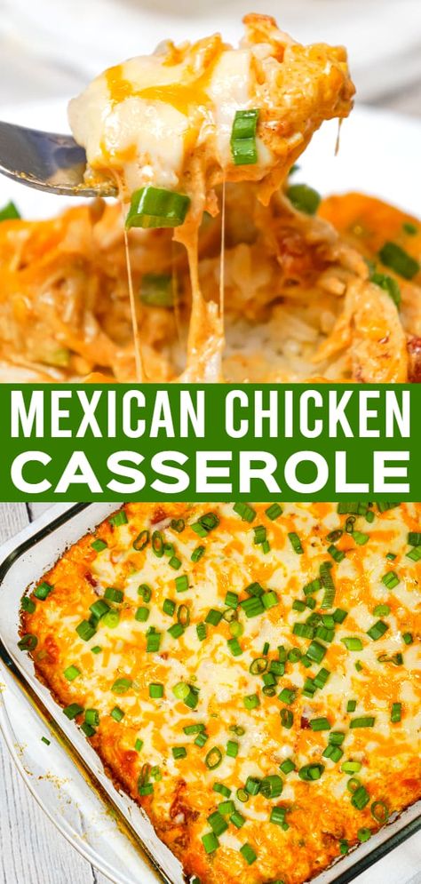 Mexican Chicken Casserole is an easy dinner recipe loaded with Minute rice, shredded rotisserie chicken, Rotel diced tomatoes and green chilies, sour cream and shredded cheese. Chicken Rotel Recipes, Chicken Rotel, Rotel Recipes, Shredded Rotisserie Chicken, Mexican Chicken And Rice, Recipes Using Rotisserie Chicken, Easy Casserole Dishes, Easy Chicken Casserole Recipes, Mexican Casserole Recipe