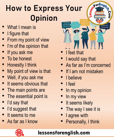 How to Express Your Opinion in English I feel that I would say that As far as I’m concerned If I am not mistaken I believe I feel In my opinion In my view It seems likely The way I see it is I agree with Personally, I think What I mean is I figure that From my point of view I’m of the opinion that If you ask me To be honest Honestly I think My point of view is that Well, if you ask me It seems obvious that The main points are The essential point is I’d School Methods, Conversation English, Ielts Preparation, Speaking Tips, Teaching English Grammar, Essay Writing Skills, English Vocab, Learn English Grammar, Interesting English Words