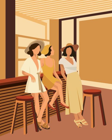 Three young women are relaxing in a bar, bachelorette party. The concept of feminism. Illustration poster, vector Bar Bachelorette Party, Feminism Illustration, Women Ceo, Woman Illustration, Illustration Poster, Married Woman, Free Vectors, A Bar, Ladies Party