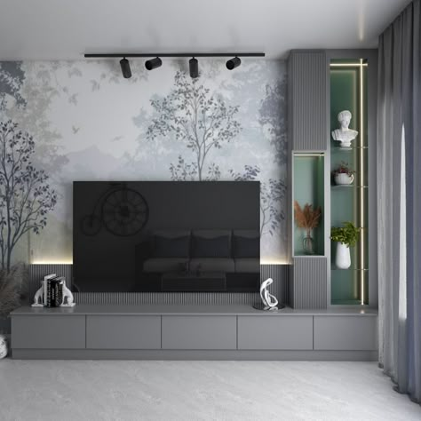 where style meets comfort, tv unit with fluted panel,tall unit minimalist home design Wallpaper Tv Unit Tv Walls, Tv Unit With Tall Unit, Tv Panel Design Modern Bedroom, Tv Unit Panelling Design, Tv Panel For Bedroom, Tv Unit With Wallpaper, Living Room Tv Panel, Living Room With Tv Unit, Tall Tv Unit