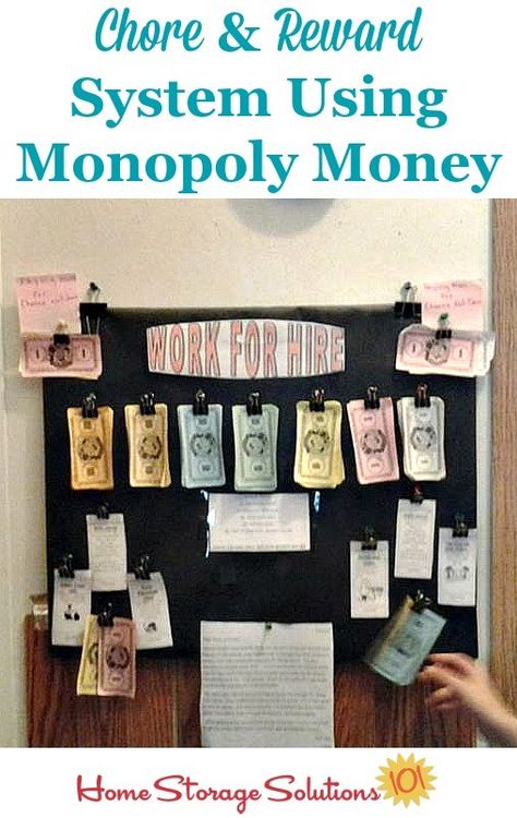 Chore and Reward System Using Monopoly Money Chore Chart Ideas, Allowance System, Chores And Allowance, Allowance Chart, Reward System For Kids, Chore Rewards, Chore System, Chore Board, Kids Chore Chart