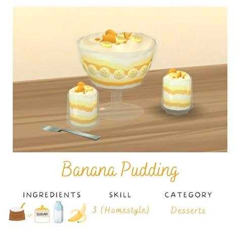 Ts4 Cc Recipes, Sims 4 Cc Food Recipes, Sims4 Food, Sims Food, Sims Cheats, Banana Pudding Ingredients, Sims 4 Challenges, Sims 4 Family, Sims Packs