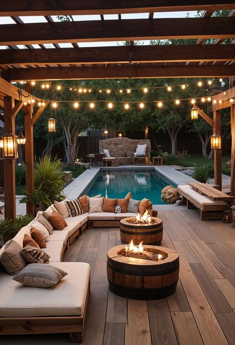 Pool At Back Of Yard, Backyard Pool With Pergola, Rectangle Pool Backyard Ideas, Wooden Deck Around Pool, Simple Backyard With Pool, Jacuzzi With Deck, Pool In Backyard Ideas, Country Swimming Pools, Cute Backyard With Pool