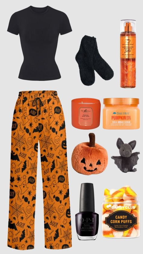 #halloween #pajamas Casual Halloween Outfits, Halloween Fashion Outfits, Halloween Sleepover, Halloween Pjs, October Outfits, Preppy Fall Outfits, Halloween Pajamas, Cute Pajama Sets, Halloween Movie