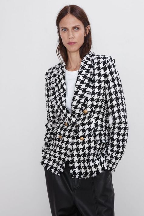 The 7 Best Fall Trends at Zara | Who What Wear Black And White Jacket, Houndstooth Jacket, Houndstooth Blazer, Casual Jackets, Zara Jackets, White Jacket, Long Sleeves Jacket, Blazers For Women, Casual Jacket