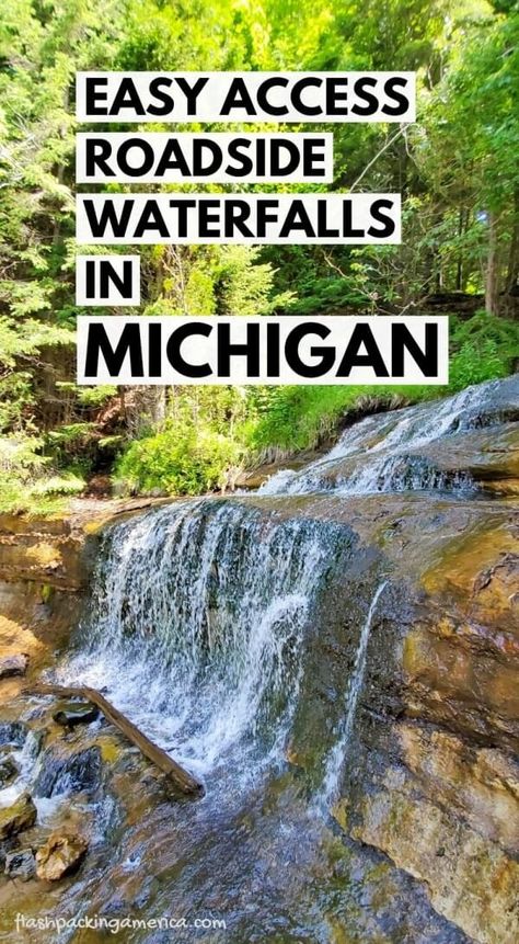 Alger Falls PHOTOS roadside waterfalls in Munising 🌳 UP Michigan travel blog - Flashpacking America Michigan Summer Vacation, Munising Michigan, Michigan Waterfalls, Up Michigan, Summer Vacation Ideas, Travel Michigan, Michigan State Parks, Upper Peninsula Michigan, Michigan Adventures