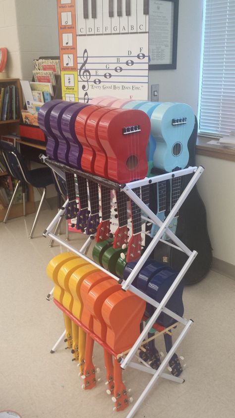 Ukelele Storage Music Rooms, Music Classroom Design, Music Classroom Ideas, Ukulele Storage, Music Room Storage, Teaching Ukulele, Music Classroom Organization, Music Room Organization, Elementary Choir