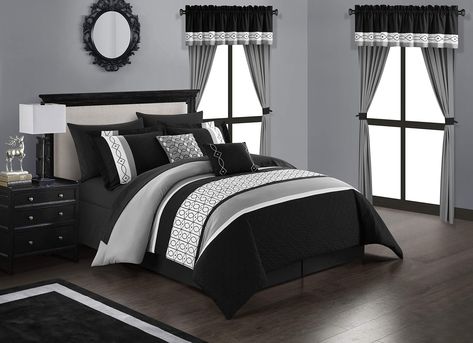 Chic Home Katrin 20 Piece Comforter Color Block Geometric Embroidered Bag BeddingSheet Set Pillowcases Window Treatments Decorative Pillows Shams Included Queen Black >>> Read more reviews of the product by visiting the link on the image.-It is an affiliate link to Amazon. Deco Pillows, Embroidered Bedding, Geometric Embroidery, Perfect Bedding, Color Block Design, Elegant Color, King Comforter Sets, Queen Comforter Sets, Queen Comforter