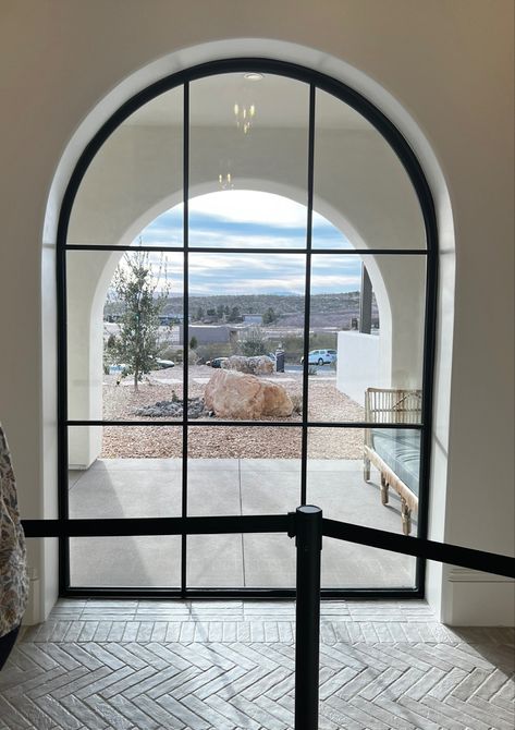 4 arched windows in the sunroom about this size with same grid pattern. Geometric Window Design, Black Arch Windows Exterior, Large Arched Windows, Mexican Windows, Foyer Window, Grid Windows, Half Moon Window, Buckingham House, Arched Window Treatments