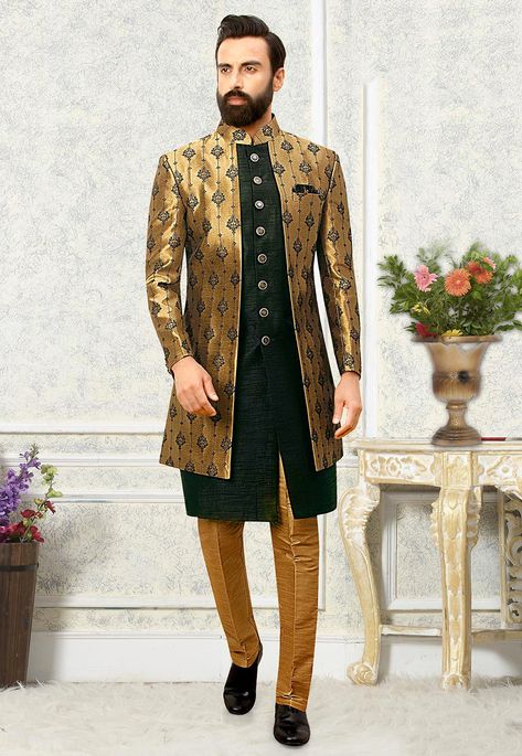 Woven Art Silk Jacquard Layered Sherwani in Beige and Black : MHG1974 Indowestern Dress, Indowestern Sherwani, Full Sleeves Design, Mens Sherwani, Woven Art, Chinese Collar, Indo Western Dress, Silk Bottoms, Utsav Fashion