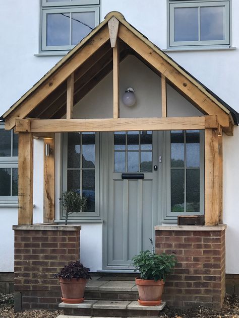 Green oak porch & brick walls Green Oak Porch, Front Porch Ideas Uk Semi Detached, Open Porch Ideas Uk, 1930s House Exterior, Brick Rendering, Exterior Aesthetic, Craftsman Style Porch, Small House Renovation, Oak Porch