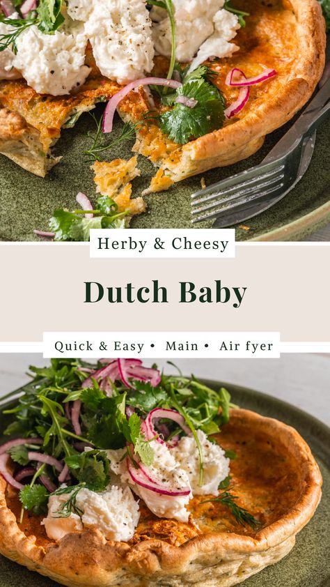 Ready in no time, this Herby Cheesy Dutch Baby is a delicious twist on the traditional Yorkshire pudding – just add a leafy salad and you’ve got yourself an incredible meal!
Looking for a quick and easy brunch that’s both filling and light? Try making this herby cheesy dutch baby in your air fryer or oven, paired with a refreshing herb and leaf salad. This savoury and flavourful pancake, reminiscent of a Yorkshire pudding, is perfect for a simple yet satisfying meal. Savoury Dutch Baby Pancakes, Breakfast Yorkshire Pudding, Filled Pancakes Savoury, Savoury Dutch Baby, Savory Dutch Baby Recipe, Yorkshire Pudding Filling, Dutch Baby Pancake Savory, Savory Dutch Baby, Dutch Baby Recipe