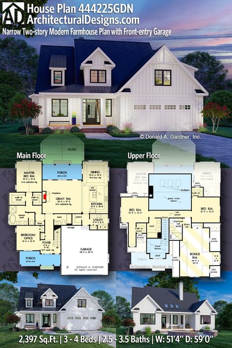 Home Blueprints, House Plans 2 Story, Narrow House Plans, Two Story House Plans, Two Story House, 4 Bedroom House Plans, Garage House Plans, Narrow House, Farmhouse Plan