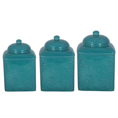 Ceramic Canister Set, Turquoise Kitchen, Kitchen Canister Set, Leather Tooling Patterns, Turquoise Western, Modern Rustic Homes, Ceramic Canister, Floral Damask, Storage Canisters