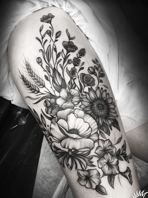 Olena Keyvan Tattoos - Kipod #sunflowertattoos #tattooforwomen Wallflower Tattoo, Tatuaje Cover Up, Front Shoulder Tattoos, Cross Tattoos For Women, Wildflower Tattoo, Floral Tattoos, Floral Tattoo Sleeve, Flower Tattoo Sleeve, Sunflower Tattoos