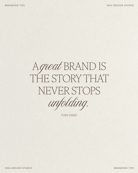 Branding is storytelling through visual. It creates a cohesive and recognizable identity that helps convey a company's values, mission, and personality. Through consistent branding, stories become more impactful and memorable, building a deeper emotional connection with your audience and fostering loyalty. A great brand continuously evolves and develops, always presenting new aspects of its identity, values, and experiences. It suggests that a successful brand keeps engaging its audience wit... Luxury Personal Branding, Lash Marketing, Story Branding, Storytelling Quotes, Brand Quotes, Branding Quotes, Trendy Logo Design, Brand Storytelling, Brand Values