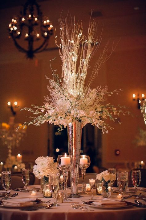 White Branch Centerpieces Wedding, Crystal Wedding Centerpieces Diy, Christmas Table Centerpieces Elegant Winter Weddings, Winter Wedding Tall Centerpieces, Winter Gala Centerpieces, Winter Formal Centerpieces, Sparkly Wedding Centerpieces, Elegant Winter Centerpieces, White Winter Wedding Centerpieces