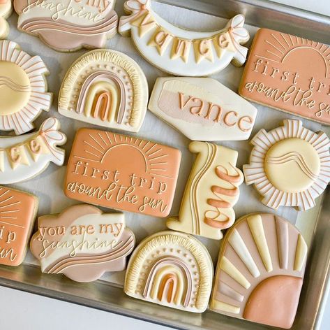 Sunshine Cookies, Golden Cookie, Sunshine First Birthday, First Trip Around The Sun, Sunshine Baby Showers, Iced Sugar Cookies, 1st Birthday Party Themes, Rainbow Cookies, Sunshine Birthday