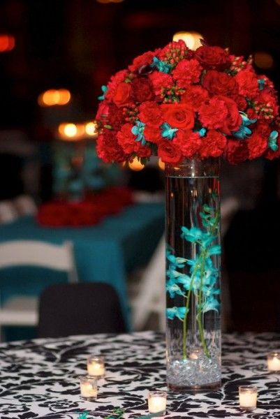 Another stunning red & aqua reception centerpiece Red White Blue Wedding, Red Centerpieces, Red And Aqua, Aqua Wedding, Head Tables, Blue Wedding Inspiration, Red And Turquoise, Wedding Decorating, Quinceanera Ideas