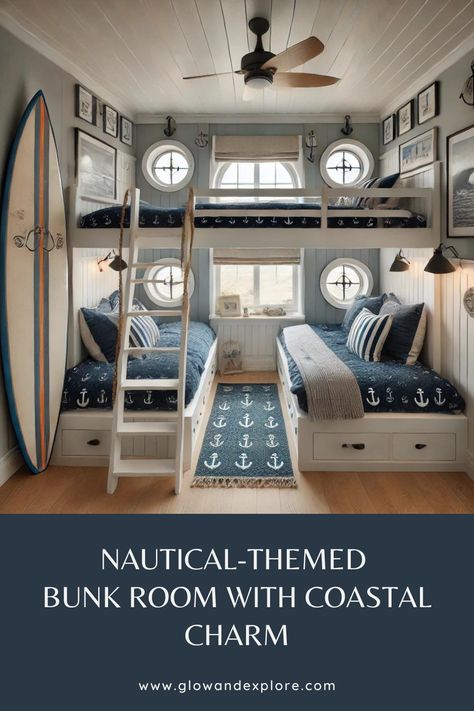 This cozy bunk room in a beach cottage is perfect for kids or guests, featuring built-in beds, porthole windows, and nautical decor for a fun, coastal vibe. ⚓ #ModernCoastalDecor #NauticalStyle #BunkRoom #BeachCottage Beach House Bunk Room, Beach House Ideas, Beach House Furniture, Modern Coastal Decor, Porthole Window, Built In Bed, Lake Side, Condo Ideas, Beach Cottage Decor