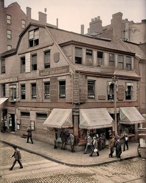 Circa 1900 Boston, Massachusetts Old Corner Bookstore, first brick building in Boston. Silent Sky, Boston Aesthetic, Boston House, Sherlock Holmes Series, Boston Common, Colorized Photos, The Bell Jar, Brick Building, Boston Massachusetts