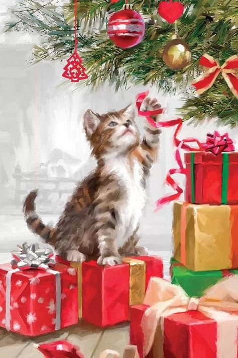 Cats Crafts, Cat Christmas Cards, Christmas Kitten, Cat Crafts, Noel Christmas, Vintage Christmas Cards, Christmas Paintings, Christmas Illustration, Holiday Art