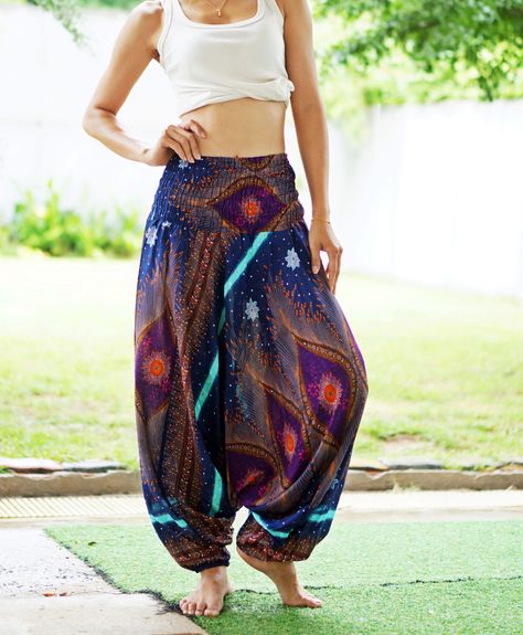 Peacock Pants, Thai Pants, Pants Boho, Blue Peacock, Dream Place, Short Women Fashion, Women Fashion Edgy, Pants Elastic Waist, Rayon Pants